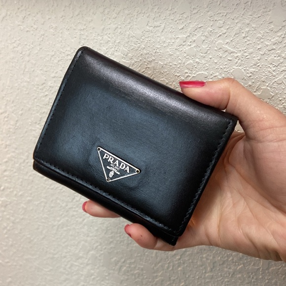 Prada Black Leather Trifold Flap Wallet with Coin Purse Silver Tone Hardware - Picture 15 of 16